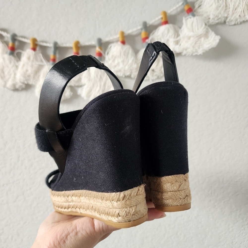 Tory Burch Espadrille Wedge Slingback Black Canvas Sandal Boho Chic Comfort 10 - Picture 7 of 11